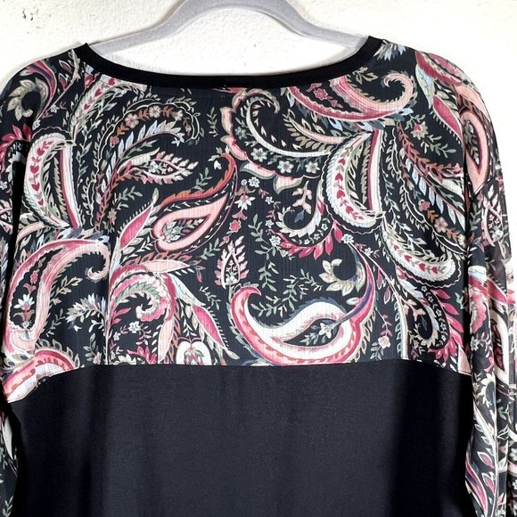 Chicos Paisley Black Mix Media Blouse Longsleeve Medium Sheer Balloon Sleeves - Picture 5 of 8